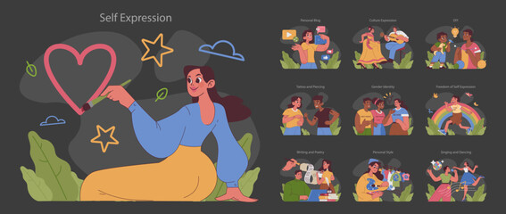 Self expression dark or night mode set. Creative individuals showcasing identity and passions. Personal blogging, cultural dances, crafting. Expressive hobbies visualized. Flat vector illustration