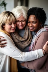 Smiling mature women hug supporting each other during psychotherapeutic session in office