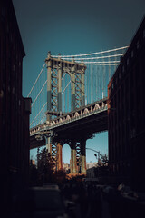 New York City Brooklyn old buildings and bridge in Dumbo, stylized, vintage