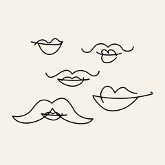 Lips female and  male line art. Sketch of male lips with different types moustache and without mustaches hand drawn vector illustration Abstract icons for barbershop concept, cosmetics, design element