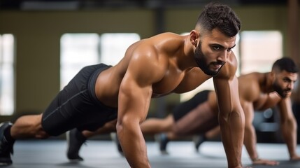 Strong man with bare chest does push ups in public gym muscular sportsman exercises - obrazy, fototapety, plakaty