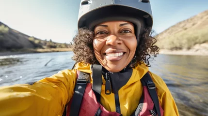 Foto op Canvas Joyful African-American woman makes selfie rafting on wide calm river closeup © Liaisan