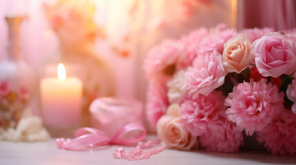 Obraz na płótnie Canvas pink roses and candles HD 8K wallpaper Stock Photographic Image 
