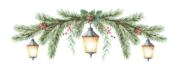 Christmas vector wreath with fir branches and lamps. Watercolor for wedding, stationery, invitation, holiday card template, decoration. Hand drawn illustration.