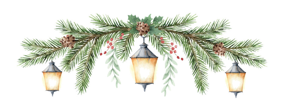 Christmas vector wreath with fir branches and lamps. Watercolor for wedding, stationery, invitation, holiday card template, decoration. Hand drawn illustration.