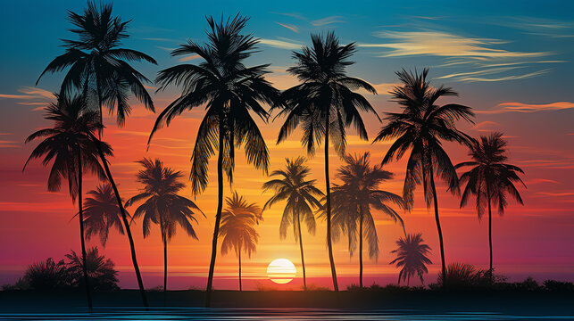 palm trees at sunset HD 8K wallpaper Stock Photographic Image 