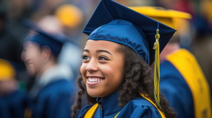 Joyful African-American student in mortarboard and gown celebrates graduation in audience - obrazy, fototapety, plakaty