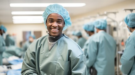 Smiling black surgeon in uniform and cap in hospital ward after successful operation - obrazy, fototapety, plakaty