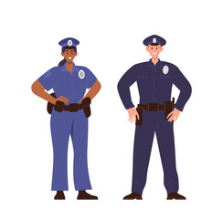 Young adult man and woman police officer cartoon characters wearing uniform isolated on white