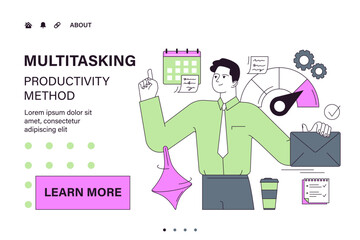 Employee efficiency web or landing. Business employee productive multitasking. Time management and work optimization. Effective goal-setting and work-life balance. Flat vector illustration