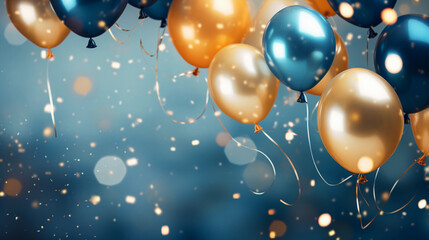 Colorful light blue and gold balloons with lots of confetti shot into the air and fairy lights in the distance, party background