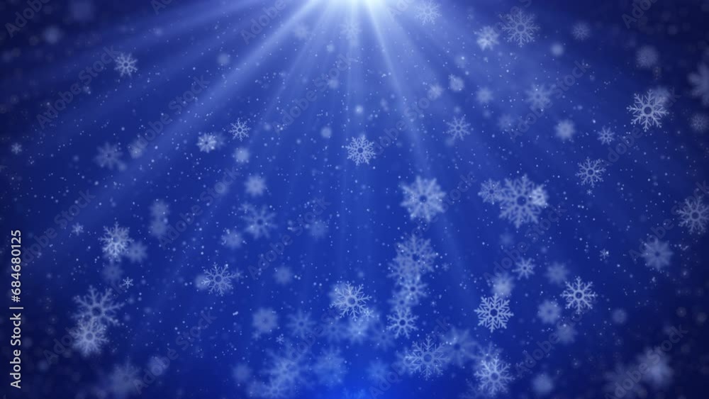 Poster snowflakes particle falling on blue background with lens flares. abstract white blurred bokeh, glitt