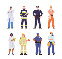Important people job occupation, professional man woman of safety rescue service vector illustration - obrazy, fototapety, plakaty