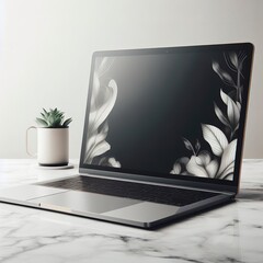 Smart modern laptop with blank screen on marble table. Elegant Design with copy space for placement your template mock up.