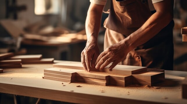 man owner a small furniture business is recheck order online. carpenter male is adjust wood to the desired size. architect, designer, Built-in, professional wood, craftsman, workshop..