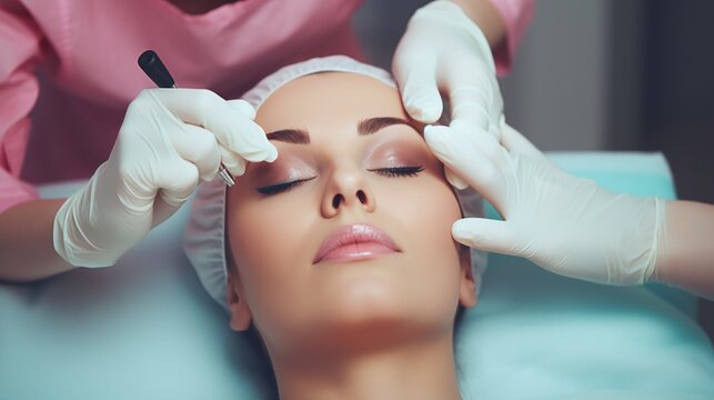 Cosmetic surgery, beauty, Surgeon or beautician touching woman face, surgical procedure that involve altering shape of eye, medical assistance, eyelid surgery, double eyelid, big eyes, ptosis