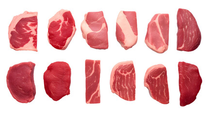 Set of different raw steaks, top view, isolated