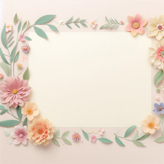 Pastel background with a flower frame featuring various colors and types of flowers, including roses and daisies.