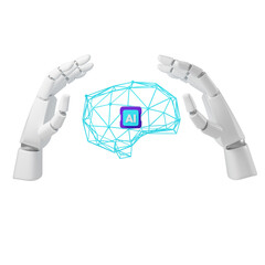 Futuristic Robotic Hands Framing a Holographic AI Brain. 3D Artificial Intelligence Illustration. Two Hands around brain. 