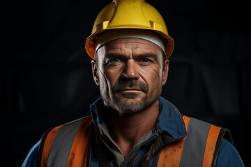 Builder in a vest and hard hat, in the style of studio portraiture. On a black background