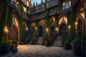 Fototapeta na wymiar oil painting Lovely fantasy courtyard of a Tudor castle, Cinematic lighting, trees, intricate details, bizarre scenery, and architecture flower pots