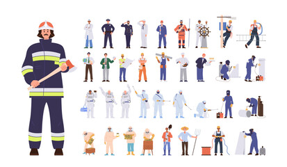 People profession big, set male and female workers cartoon character in uniform isolated on white - obrazy, fototapety, plakaty