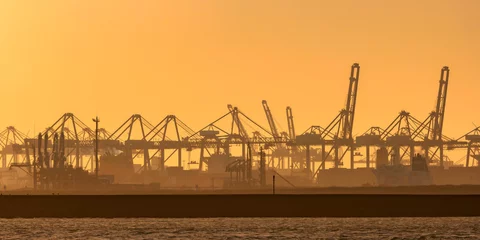 Wandaufkleber Dutch industrial area with shipping cranes during sunset in Europoort, Rotterdam harbor © Martin Bergsma