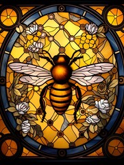 Stain glass window design with a bee and flowers.