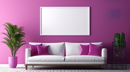 Living room with white sofa and magenta wall, ai generative