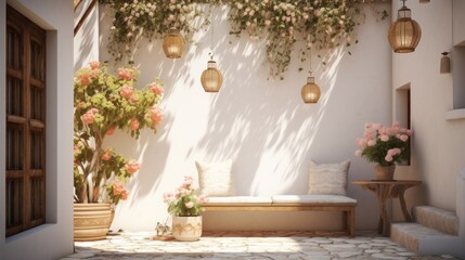 A patio with a bench and flowers on the wall