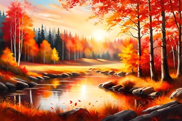 This oil painting depicts a sunset autumn landscape on canvas, featuring a gorgeous forest, golden foliage, red trees, sun rays, a pond, and a hand-drawn image in lovely pastel watercolor colors.