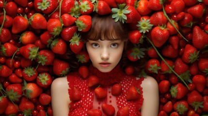 A woman in a red dress surrounded by strawberries