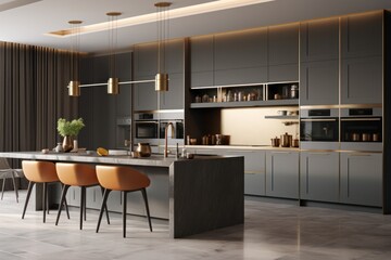 Interior kitchen design details - modern cabinets and wooden furniture, LED Lights and fabulous amenities