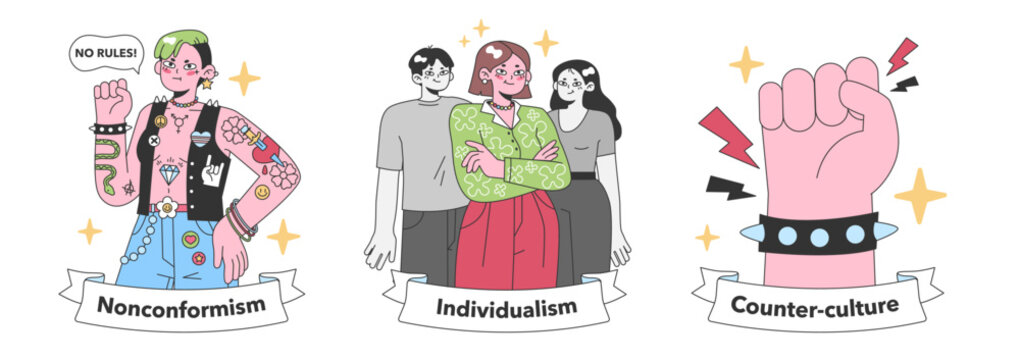 Nonconformism trio showcases individual defiance, group identity, and the bold spirit of counter-culture. Celebrating uniqueness and resistance. Flat vector illustration