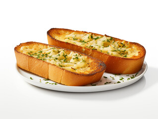 Toasted garlic bread with melted mozzarella cheese on top. Isolated on white background.