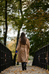 A girl in a long brown cloak walks across the bridge, back view.