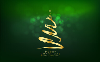 Obraz premium Gold Christmas tree and New Year Typographical on Green Xmas background with winter landscape with snowflakes, light, stars. Merry Christmas and Happy New Year greeting card, poster, holiday cover. 