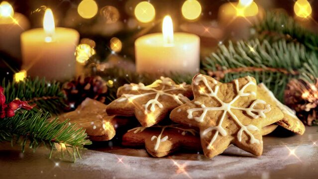 Christmas cookies and gingerbread decoration , animation of falling snow