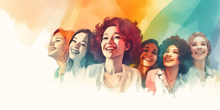 Group of diverse young woman smiling together, positive and united, watercolor illustration on white background, diversity concept