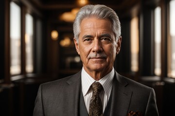 Fototapeta premium Close-up portrait of a successful smiling businessman aged 60-70 in a restaurant. A gray-haired man wearing a black fashionable expensive suit and tie looks at the camera.