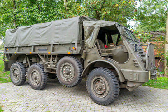 An old Dutch army truck photographed diagonally from the front