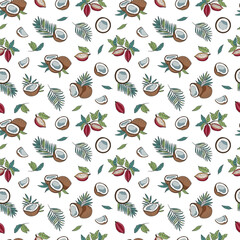 Seamless vector pattern with coconut, cocoa fruits, palm branches. Tropical ornament