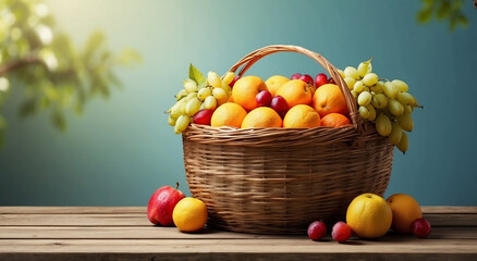 A realistic stray basket full of fruits advertisement background with space for text at the side - AI Generative
