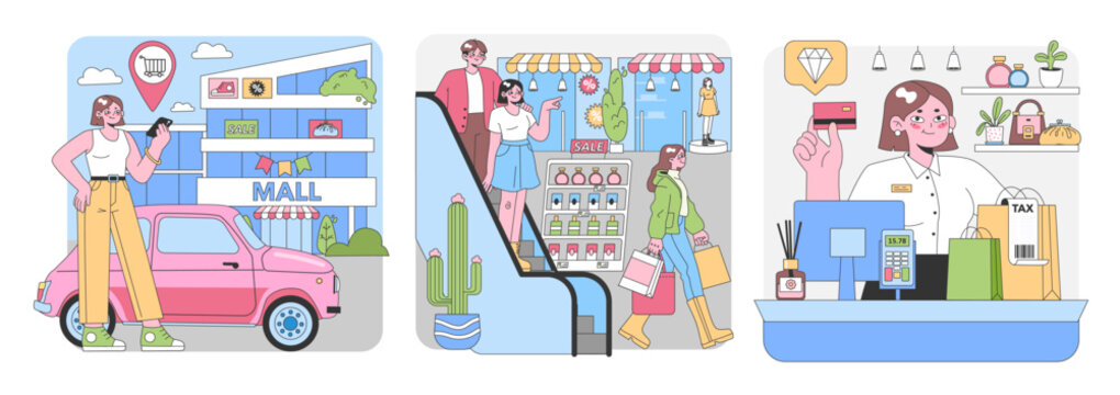 Shopping spree set. Modern mall journey from arrival to checkout. Smartphone map navigation, couple browsing, solo shopper, cashier interaction. Trendy retail experience. Flat vector illustration