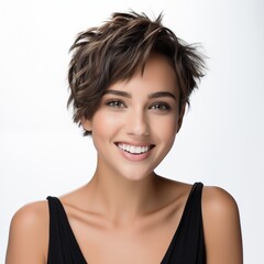 Closeup portrait of smiling Argentinian young woman with short hair with perfect clean skin on white