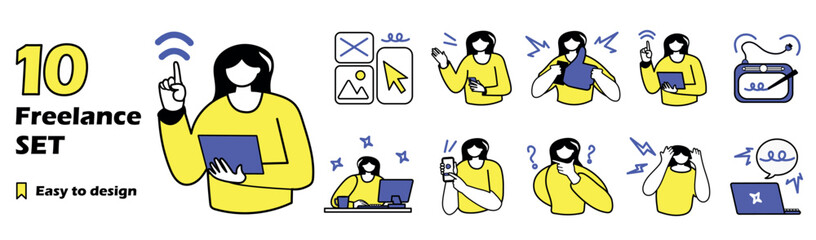 Artboard of mini concepts on the topic of freelance. Highlighting of the essence of freelance work through this cartoon-style scenes, where people engaged in various remote jobs. Vector illustration.