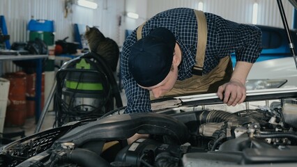 A car mechanic repairs a car. The mechanic is looking for a malfunction in the car. Engine diagnostics