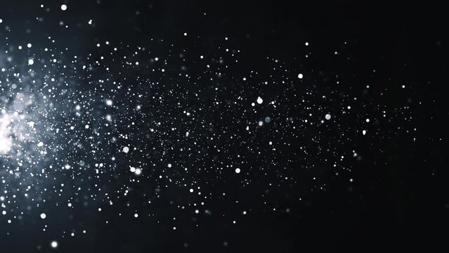 Colorful animation of bright particles flying horizontally. Dynamic particles float chaotically in slow motion in space. Shimmering sparkling particles. Real light particles in the air. 3d. 4k