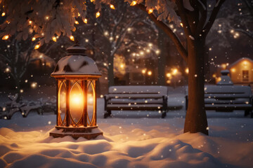 Lantern in the snow, New Year's decorations. AI generative.