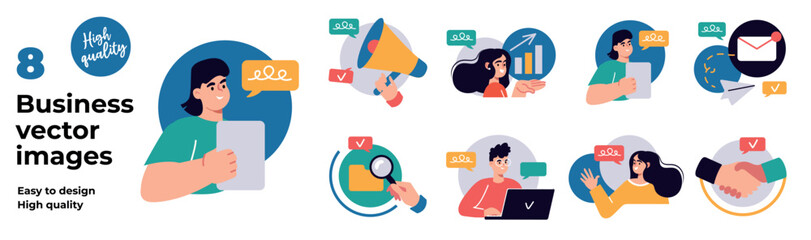 Artboard of mini concepts on the topic of business. This colorful cartoon-style set of scenes feature people engaged in various business deals. Vector illustration.
